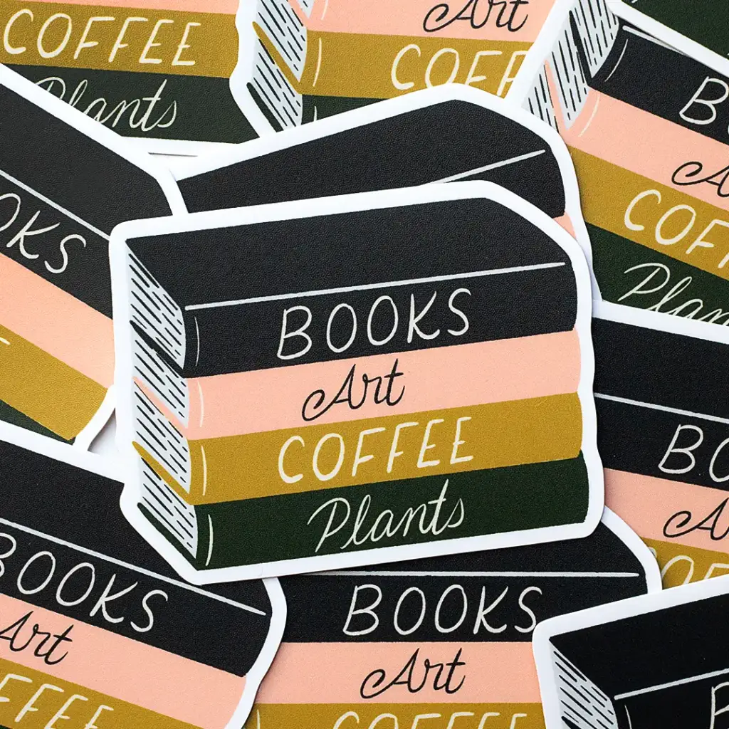 Illustration of books with spines that say Books, Art, Coffee, and Plants