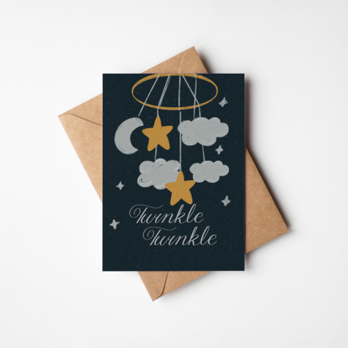 Card with an illustration of a baby mobile of stars, clouds, and the moon, along with script lettering that says twinkle twinkle