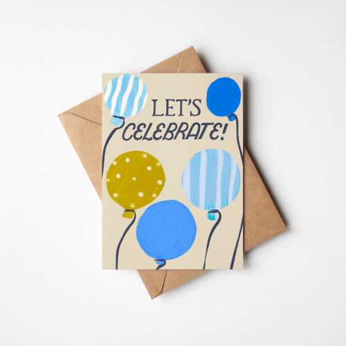 Balloons floating upwards illustration with text that says let's celebrate